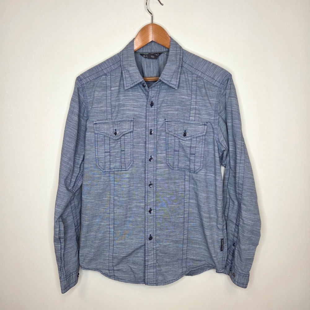 ExOfficio Mens Medium Blue Button Down Shirt Long Sleeve Western Style Pockets